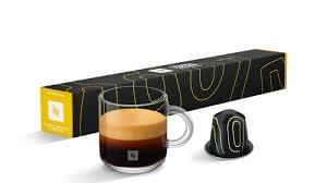 Étui noir Nespresso Master Origins Tanzania avec motifs graphiques dorés et tasse d'espresso à la crème onctueuse, disponible chez ZEE GOURMET Dakar.