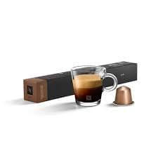 Étui de capsules Nespresso Cosi de couleur bronze et tasse d'espresso avec crème onctueuse, disponible chez ZEE GOURMET Dakar