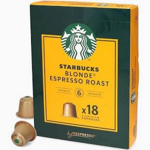 Boîte de 18 capsules en aluminium Starbucks Blonde Espresso Roast, intensité 6, compatible avec les machines Nespresso, disponible chez ZEE GOURMET Dakar.