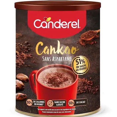 Boîte de chocolat en poudre Canderel Cankao sans aspartame et sans sucre ajouté, affichant 50% de cacao et 30% de calories en moins, disponible chez ZEE GOURMET Dakar.